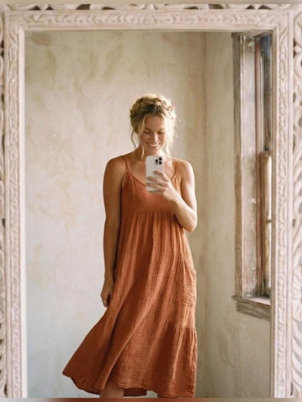 Zara Burnt Orange Cotton Gauze Midi Dress Flowy Boho Fall Sundress M